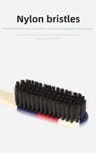 Détail des poils en nylon et du manche au style barbier tricolore rouge blanc bleu