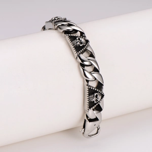 Retro punk skull triangle bracelet in vintage silver stainless steel on white stand