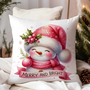 Federa cuscino natalizia rosa con pupazzo di neve e testo Merry and Bright decorativo