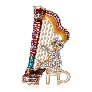 Creative Cat Playing Harp Brooch Alloy Enamel Rhinestone Animal Musical Instrument Pin Accessory For Women Men