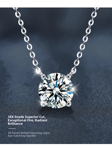 Macro detail of 3EX cut moissanite pendant with 58 facets and four-prong setting
