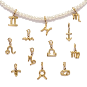 White pearl necklace with gold 12 zodiac sign pendants in stainless steel material