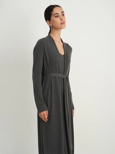 Detail of grey knitted long cardigan with matching dress and waist tie belt