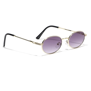 Oval metal sunglasses with gold frames and purple gradient lenses in 45-degree side view