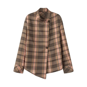 Women Plaid Shirt Jacket Long Sleeve Single Breasted Loose Fit Asymmetric Hem Retro Vintage Polyester Shacket Blouse