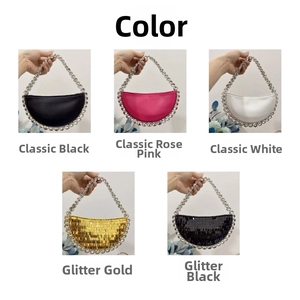 Detail view of sparkly sequin crescent bags in black, rose pink, white and gold colors
