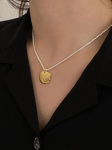 Irregular textured gold pendant on two-tone 925 silver chain necklace for women