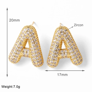 Detail showing 20mm gold letter A earrings with cubic zircon pavé and dimensions