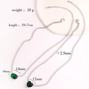 Detailed dimensions of silver necklaces with green oval and heart zircon pendants