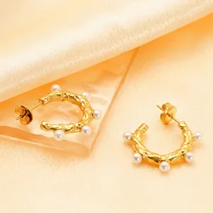 Boucles D'oreilles C En Acier Inoxydable Plaqué Or 18K Texture Martelée Künstliche Perle Bijoux Vintage Français Pour Femmes