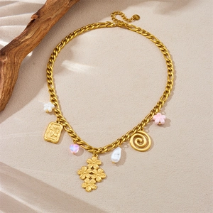 Gold plated stainless steel chain necklace with butterfly and floral pendants