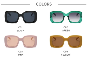 Four colors available for square frame sunglasses including black, green, pink, and yellow