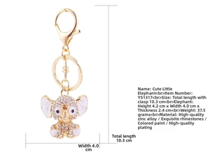 Detailed view of rhinestone elephant keychain with 10.3cm total length and 37.5g weight