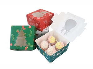 Detailed top view of 4-cup Christmas muffin boxes with festive holiday cutout windows