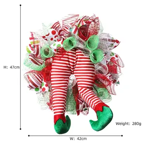 Christmas elf leg wreath decoration in red and white stripes with festive mesh ribbon, 47x42cm