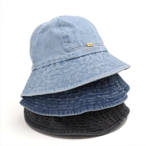 Washed Denim Cotton Bucket Hat Sun Protection Streetwear Vintage Embroidered Letter Metal Badge Leisure Women