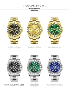 Close-up display of six luxury men's chronograph watches with steel bracelets in various colors
