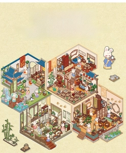 Macro detail of DIY 3D miniature oriental pavilion scene with rabbit figurines