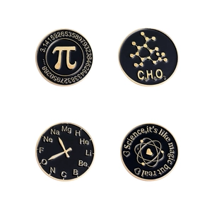Set of four black enamel science pins with gold-plated math and chemistry symbols