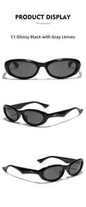 Three-angle view of oval Y2K sunglasses with silver streamline metal temple details