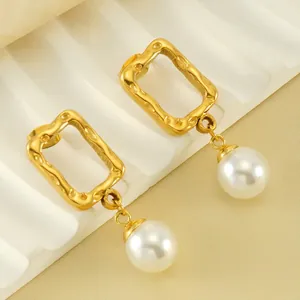 Artificial Pearl Drop Earrings 18K Gold Plated Stainless Steel Hammered Square Geometric Hollow Retro Elegant Jewelry For Women