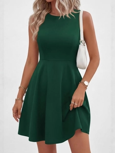 Women Sleeveless Mini Dress Solid Color Round Neck Slim Fit A-Line Flare Hem Polyester Spandex Casual Chic Summer
