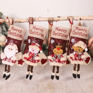 Christmas Stockings Faux Leather Linen Gift Bags 3D Santa Snowman Reindeer Bear Hanging Ornaments Festive Holiday Home Decor
