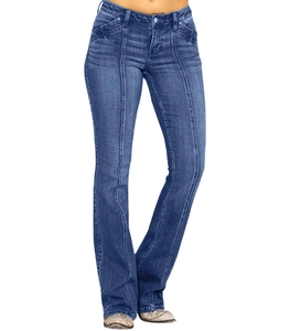 Detail of blue flare jeans with decorative center seam and distressed denim texture