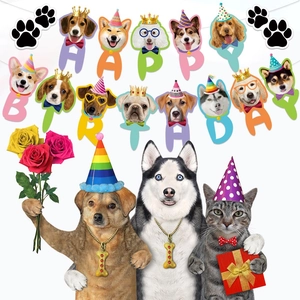 Dog themed Happy Birthday banner with cartoon pets and party decorations for dog birthday party