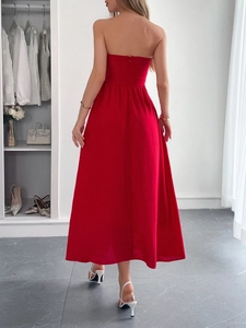 Elegant red strapless A-line maxi dress featuring a clean back design and soft draping fabric