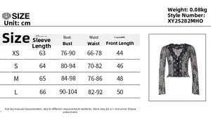 Detailed size chart for sexy V-neck black lace long sleeve top with precise measurements