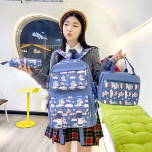 Blue unicorn print nylon school backpack set including crossbody bag and pencil case