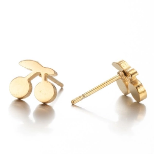 Minimalist golden cherry fruit stud earrings with brushed metallic finish and leaf detail
