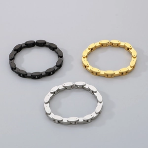 Detailed close-up of industrial link bracelets in black, gold, and silver finishes