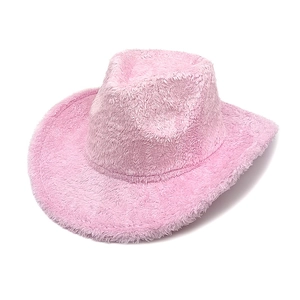 Detail of pink faux rabbit fur western cowboy hat with soft plush texture and wide brim