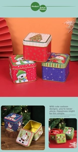 Detail view of square Christmas tin boxes with festive patterns and gold interior