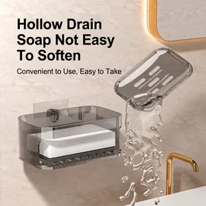 Wall-mounted double-layer grey soap holder with drainage holes and water flow effect