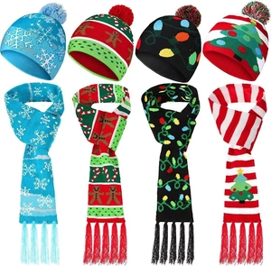 Ensemble de bonnets et écharpes de Noël tricotés à LED avec motifs festifs en quatre couleurs
