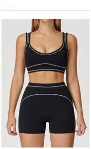 Close-up of high-stretch black yoga set with contrast stitching and U-neck sports bra