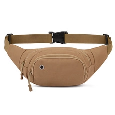 Detail of khaki oxford waist bag with headphone port and adjustable buckle strap