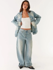 Vintage blue denim jacket and wide-leg trousers set with a retro washed finish