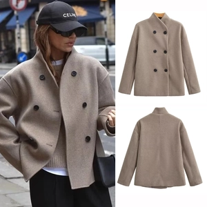 Détail du manteau en laine camel avec boutons noirs croisés et un col montant élégant