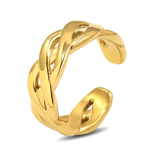 Detail of a gold braided rope ring showing the high-polish finish and adjustable band design