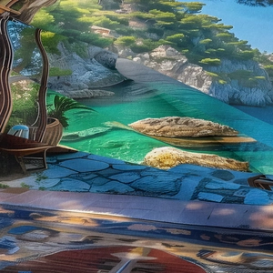Detailed macro view of high-resolution printed fabric showing beach and coastline texture