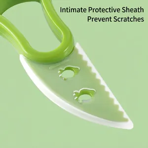 Green 3-in-1 avocado slicer and pitter tool with a protective cover and cute paw design