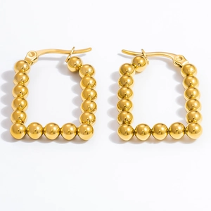 Detailed view of gold 18k plated stainless steel beaded rectangle hoop earrings