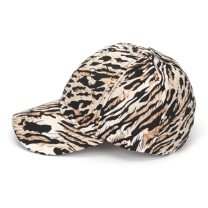 Detailed side view of the leopard print baseball cap with classic six-panel structure