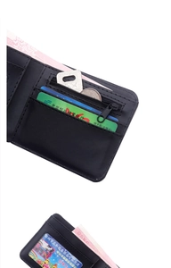 Detailed view of black bi-fold wallet interior with card slots and zipper coin pocket