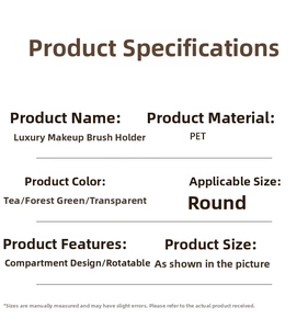 Detailed PET makeup brush organizer specifications showing rotating design and color options