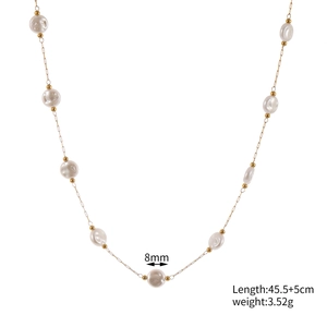 Detailed view of baroque pearl necklace with 18k gold plating showing dimensions and length